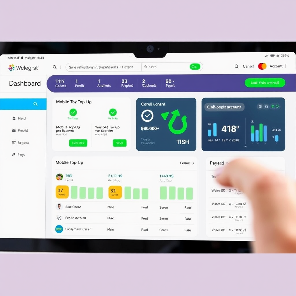 Modern digital payment interface showing Irish regulatory compliance dashboard with mobile top-up services and prepaid account management features