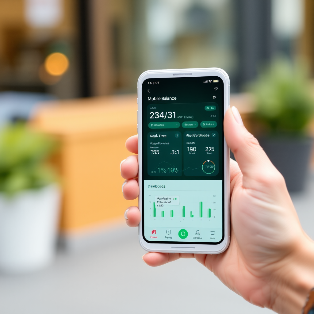 Modern smartphone displaying mobile balance tracking interface with real-time notifications and usage analytics dashboard, showing Irish telecom provider app with emerald green accent colors and clean user interface design