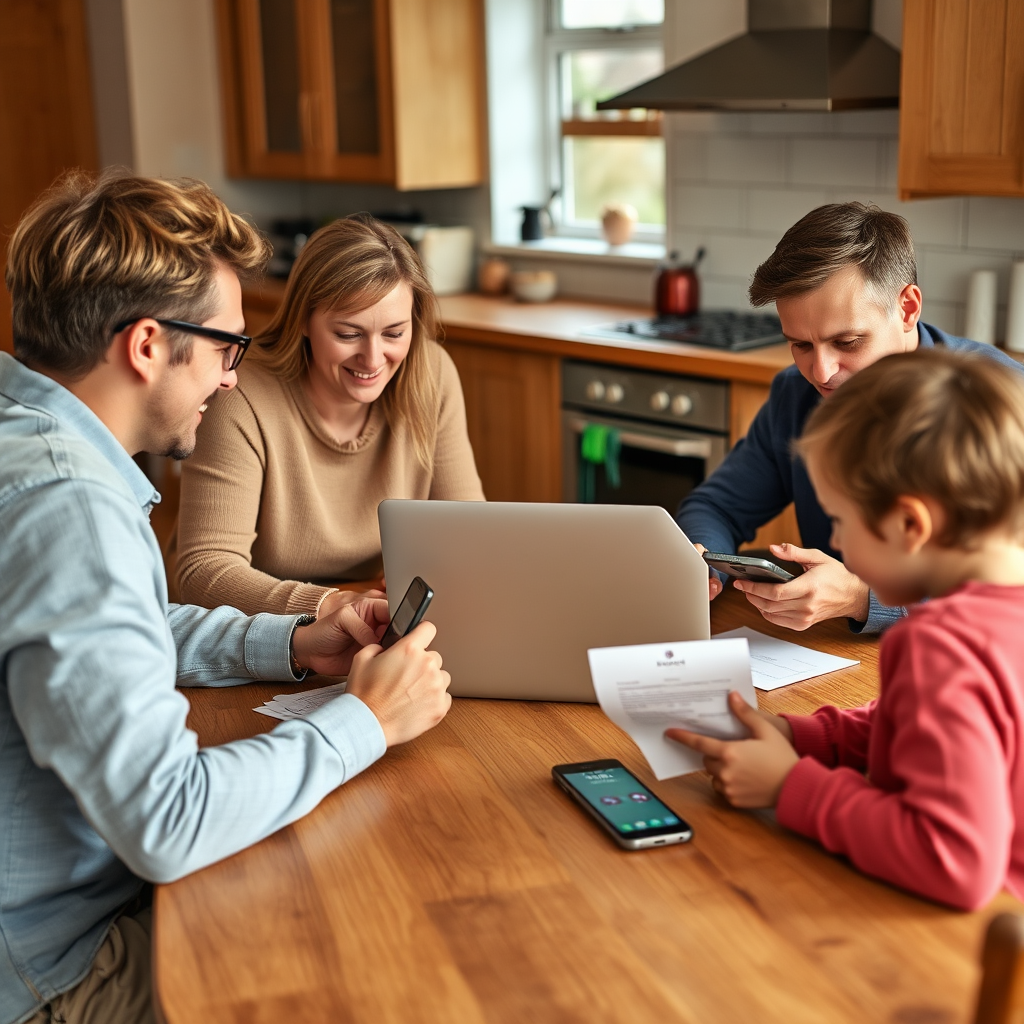 Irish family sitting around kitchen table reviewing monthly bills and subscription services on laptop and mobile devices, with various service provider logos visible on screen including eir mobile, streaming services, and utility companies