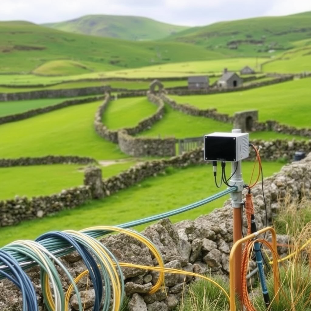 Modern fiber optic cables and digital infrastructure equipment being installed across rural Irish countryside with rolling green hills and traditional stone walls in the background