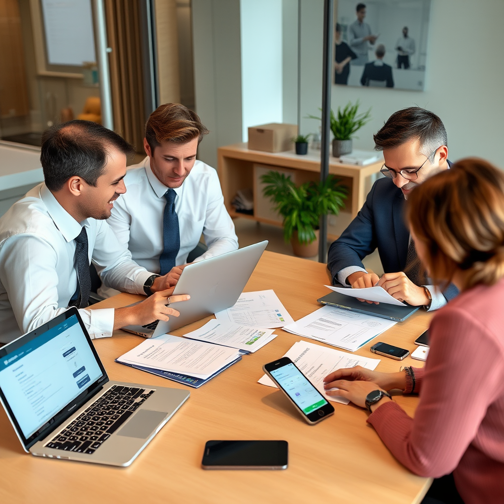 Irish consumer protection officials reviewing digital account management guidelines at a modern office desk with laptops, documents, and mobile devices displaying various subscription services and account interfaces