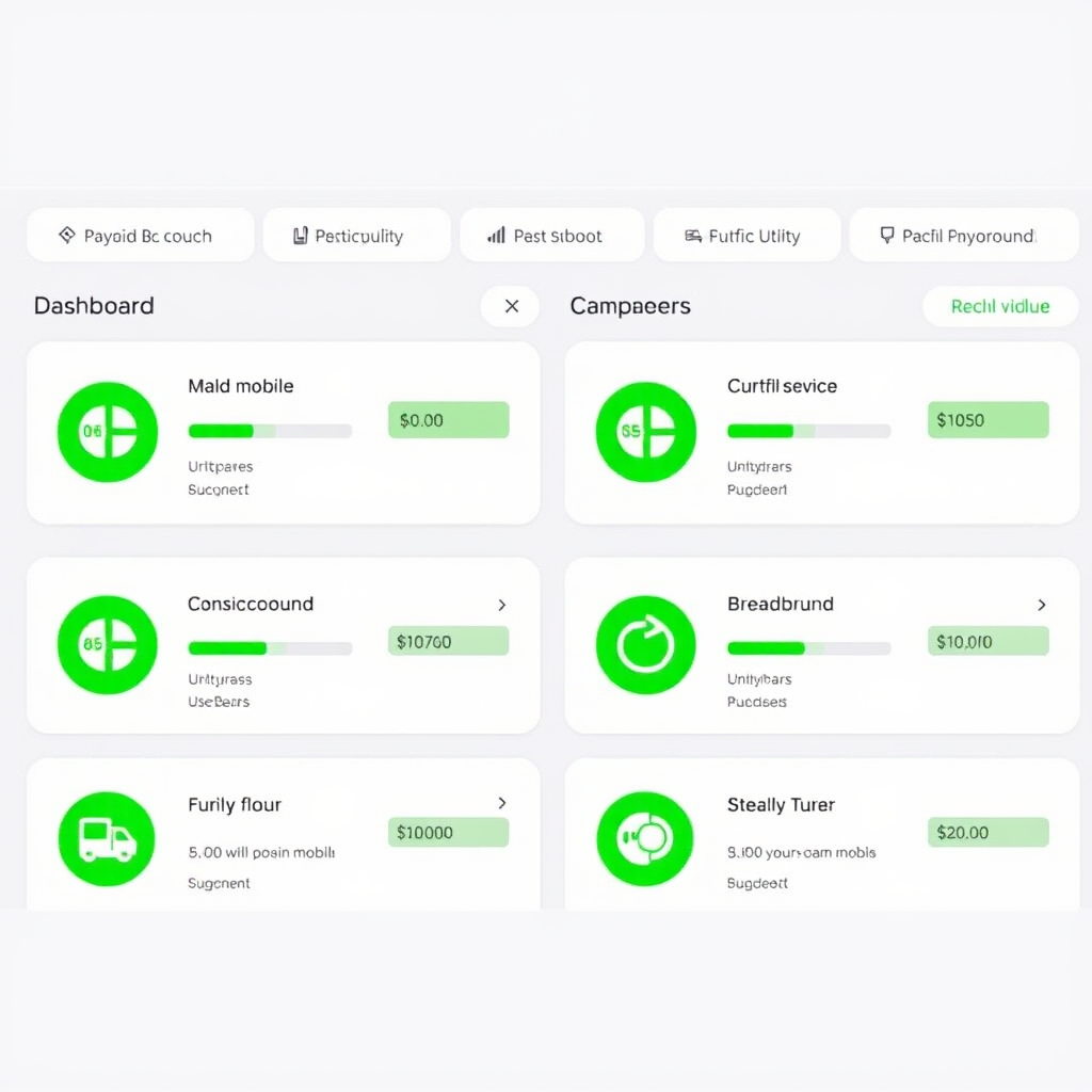 Digital dashboard showing multiple prepaid account balances with green progress bars and notification icons for mobile, broadband and utility services