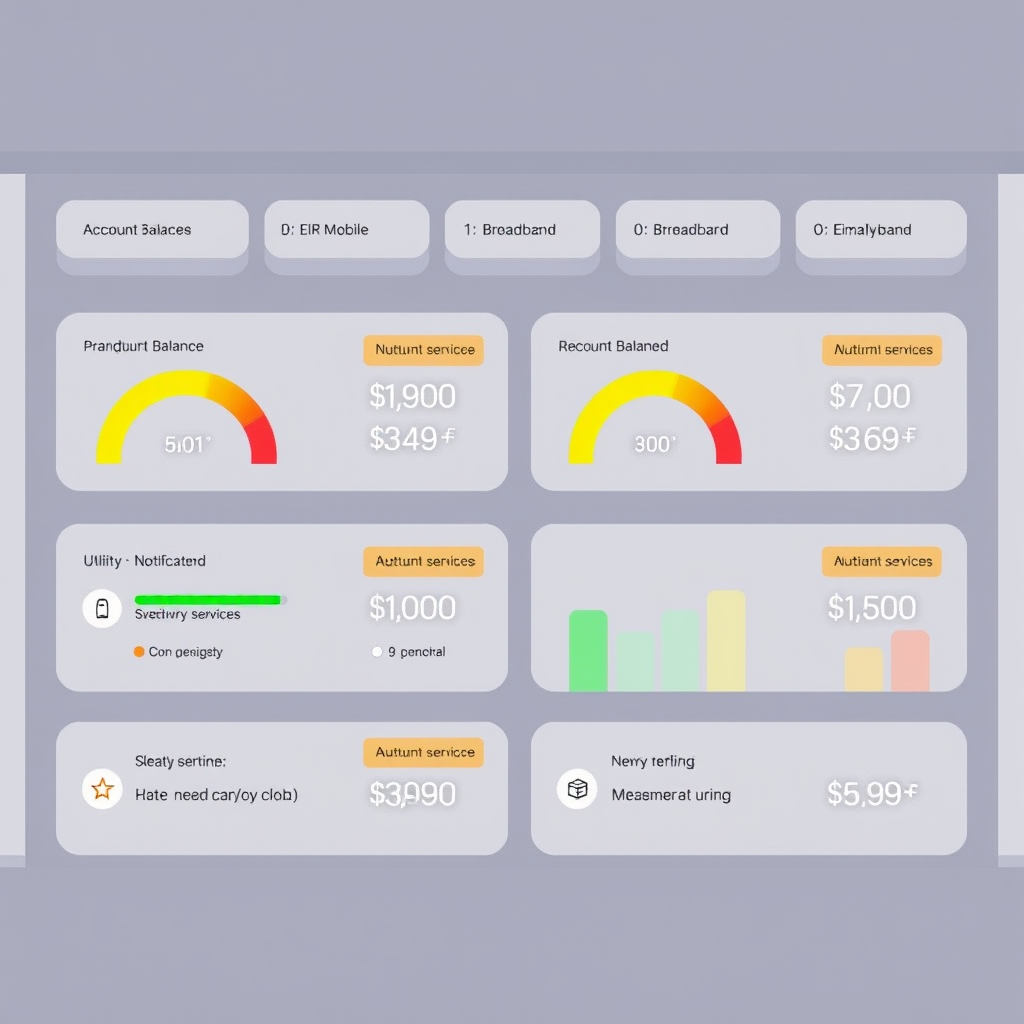 Digital dashboard interface showing multiple account balances for eir mobile, broadband and utility services with colorful progress bars and notification alerts