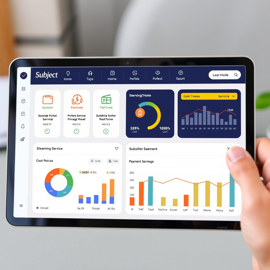 Digital dashboard interface showing subscription management tools with various streaming service icons, payment calendars, and cost tracking charts on a modern tablet device