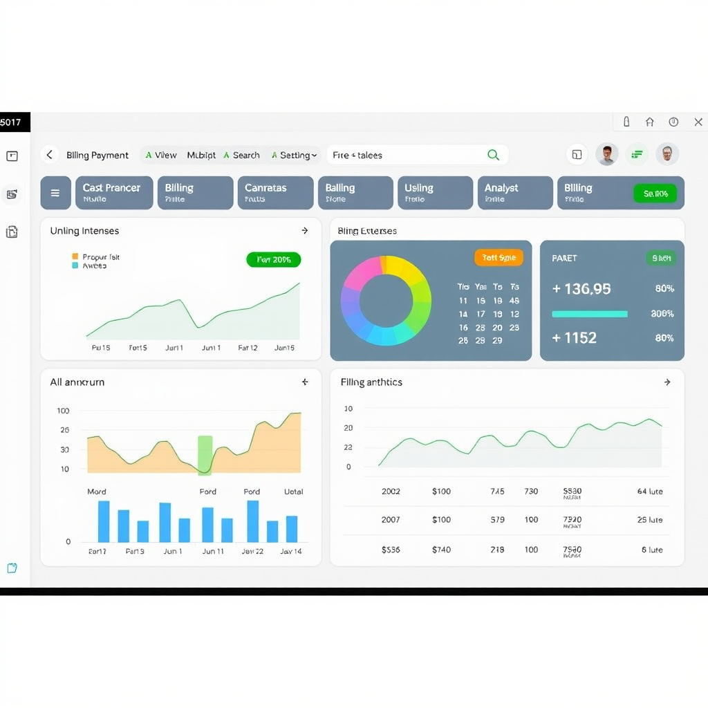Digital dashboard interface showing payment tracking charts, billing calendar, and expense analytics for Irish mobile and internet services