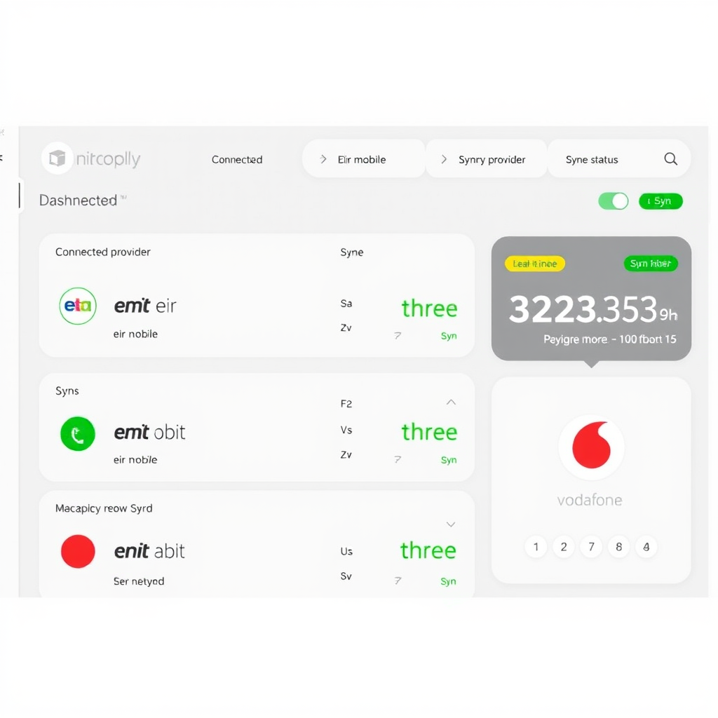 Digital dashboard interface showing connected Irish service providers including eir mobile, Three, Vodafone with real-time balance displays and sync status indicators