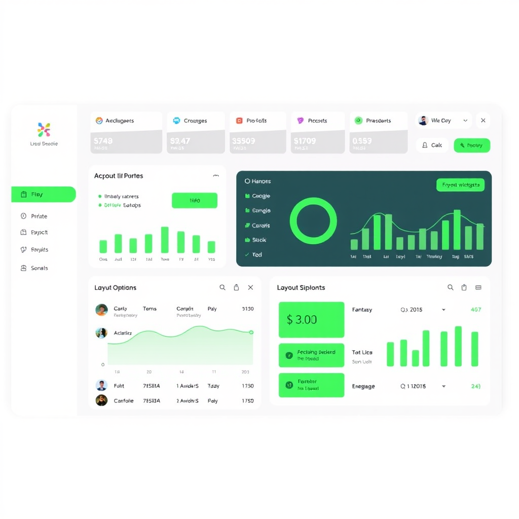 Modern dashboard interface showing customizable widgets and layout options with emerald green accent colors and clean typography