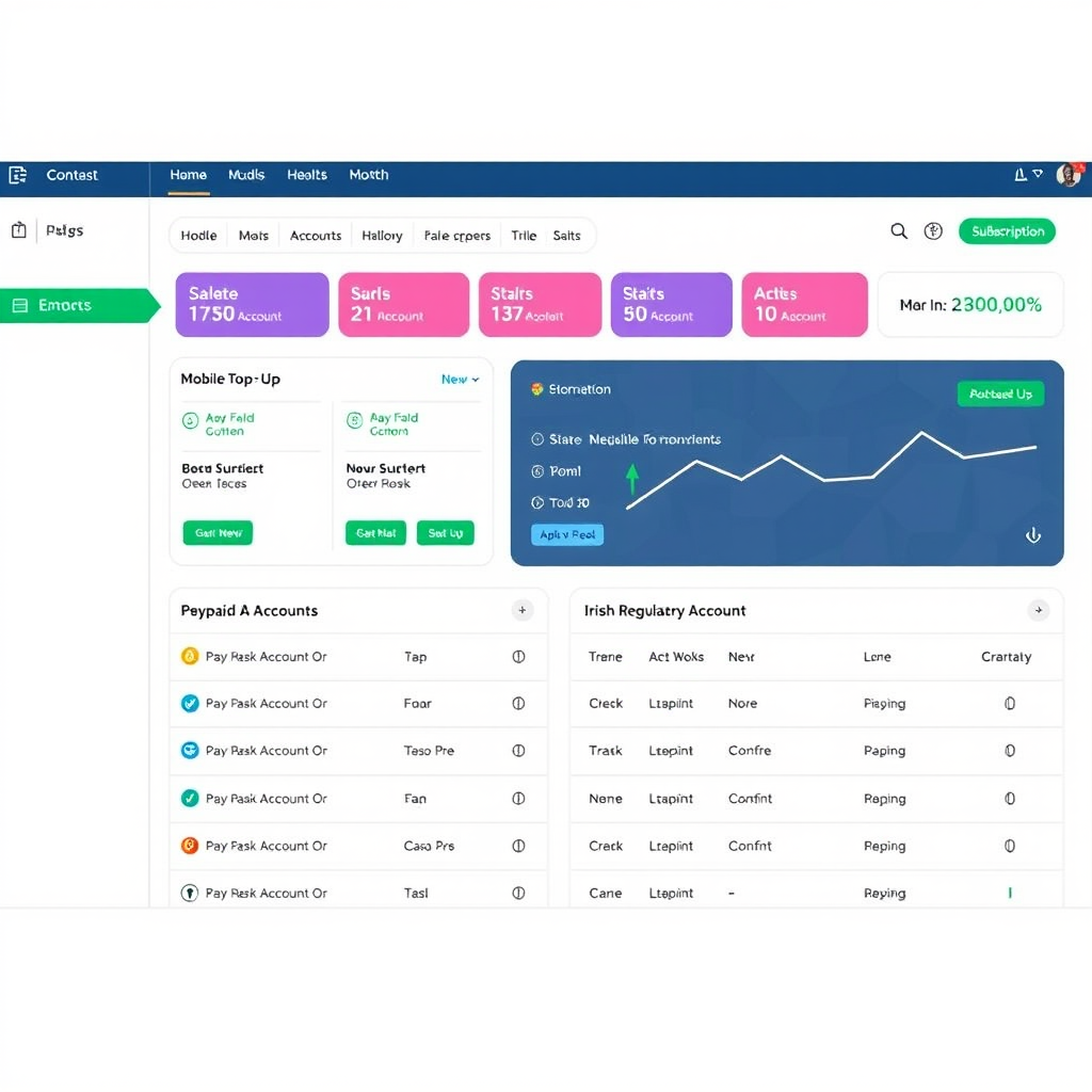 Clean digital dashboard interface showing organized prepaid accounts, mobile top-up options, and subscription management tools with Irish regulatory compliance indicators