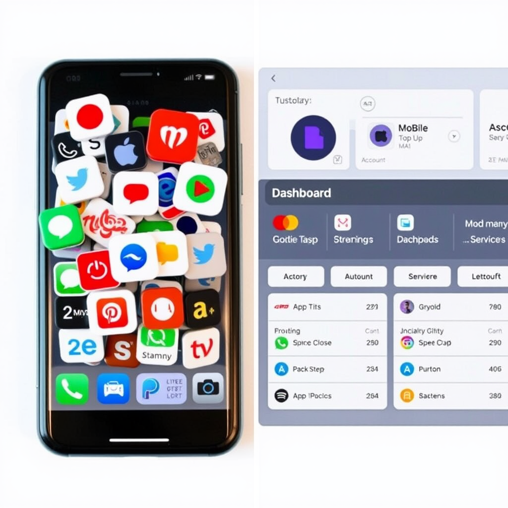 Split screen showing cluttered smartphone with multiple service provider apps versus organized dashboard interface displaying consolidated account information for eir mobile top up, streaming services, and other subscriptions