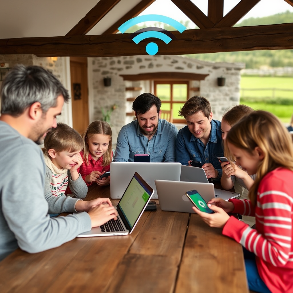 Irish family in rural farmhouse using laptops and mobile devices with strong wifi signal, showing improved digital connectivity in countryside setting