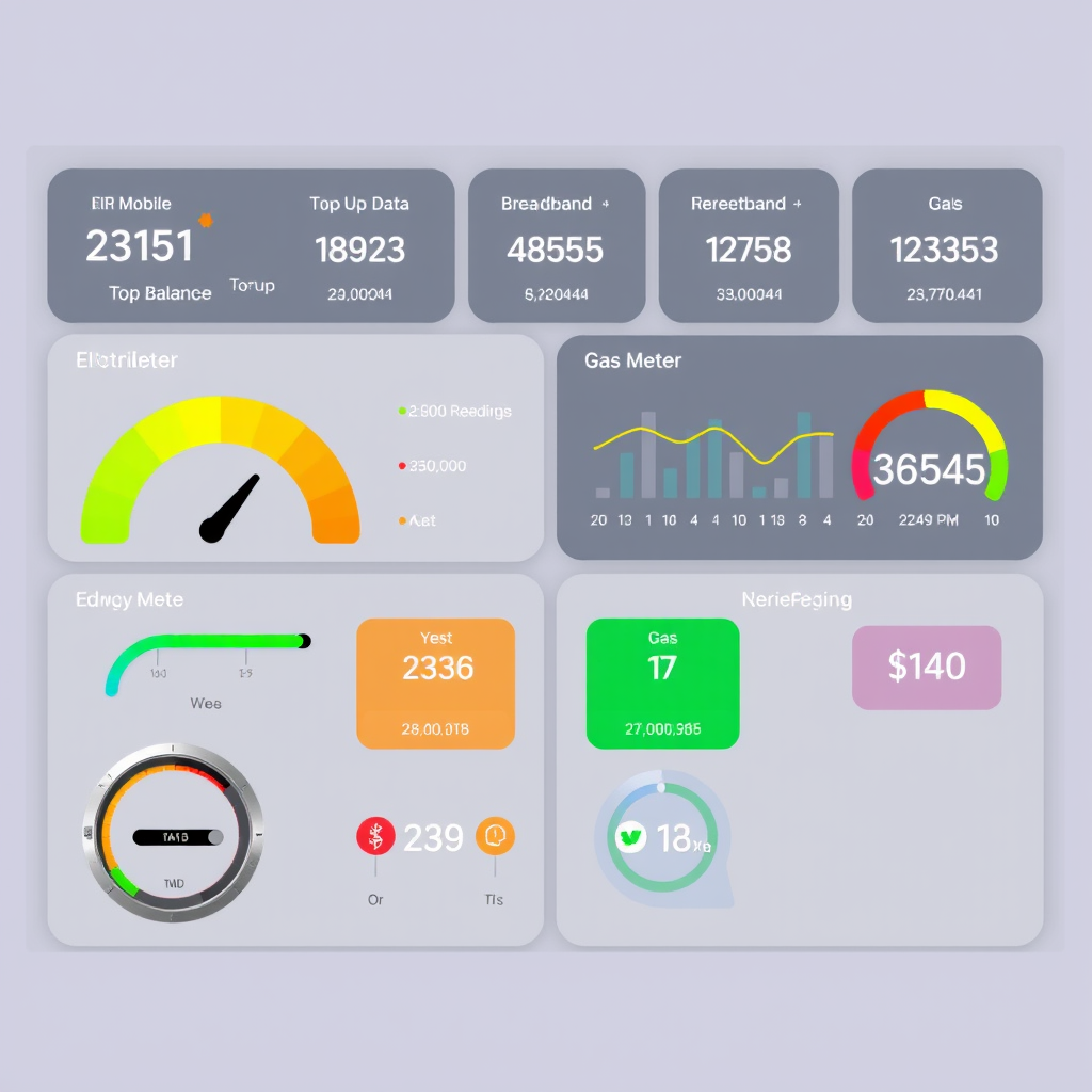 Comprehensive dashboard showing eir mobile top up balance, broadband data usage, electricity and gas meter readings with colorful progress indicators and notification badges