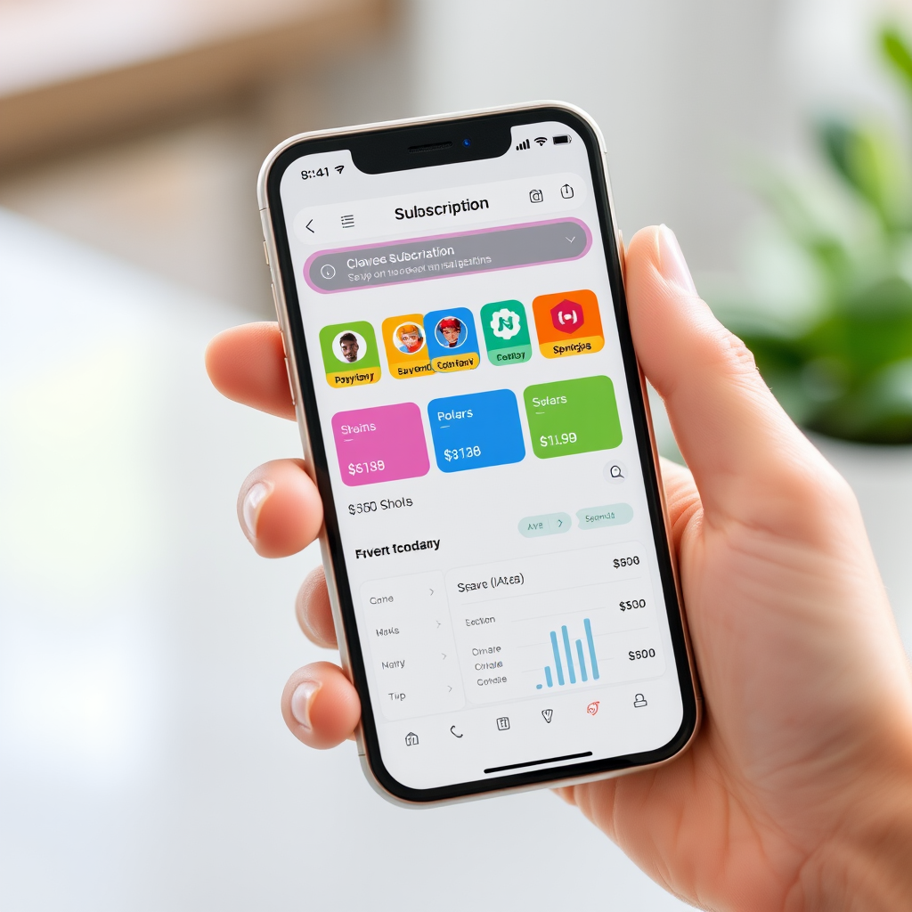 Smartphone displaying subscription management dashboard with colorful service icons, payment schedules, and spending analytics in a clean modern interface