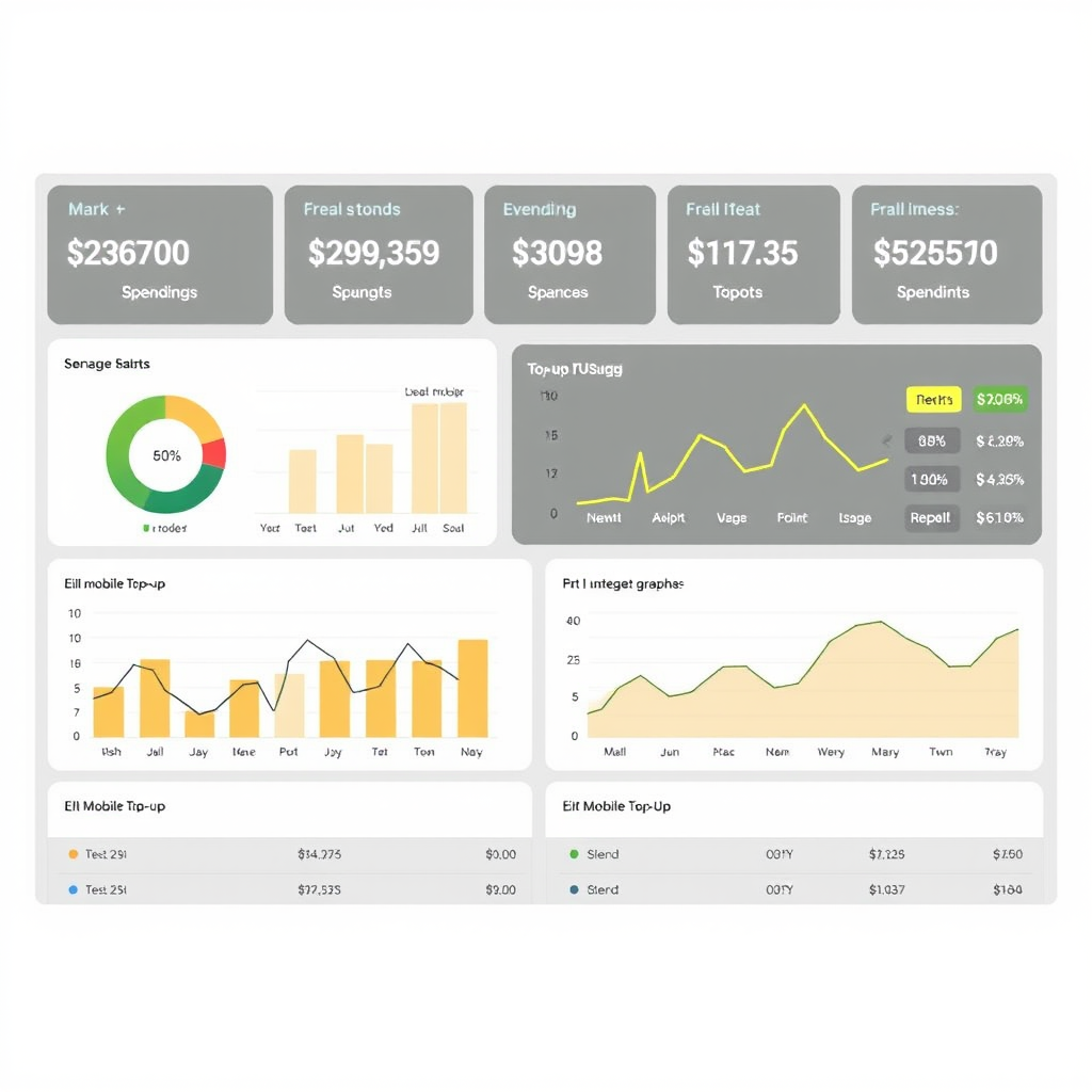 Analytics dashboard showing spending charts, budget tracking graphs, and eir mobile top up usage patterns with Irish service provider data