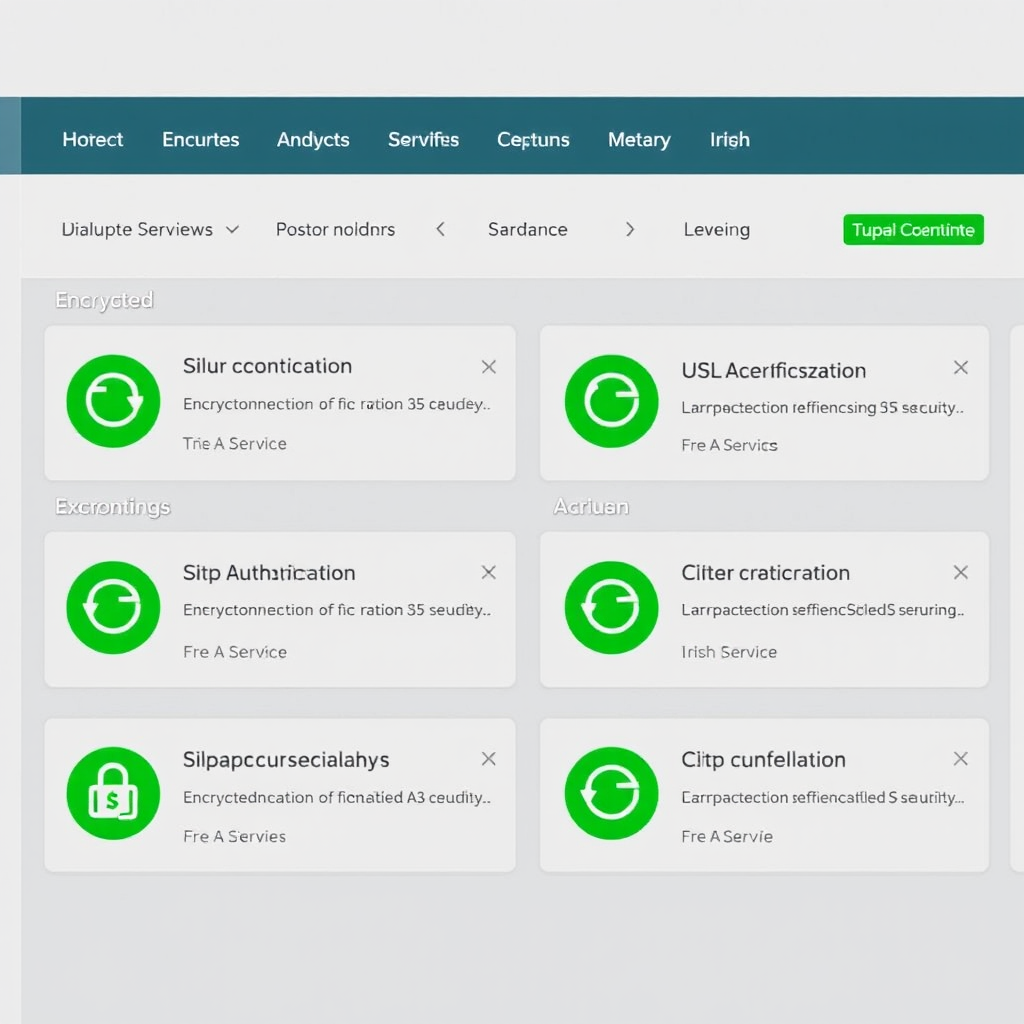 Security dashboard showing encrypted connections to Irish service providers with SSL certificates, two-factor authentication, and data protection compliance indicators