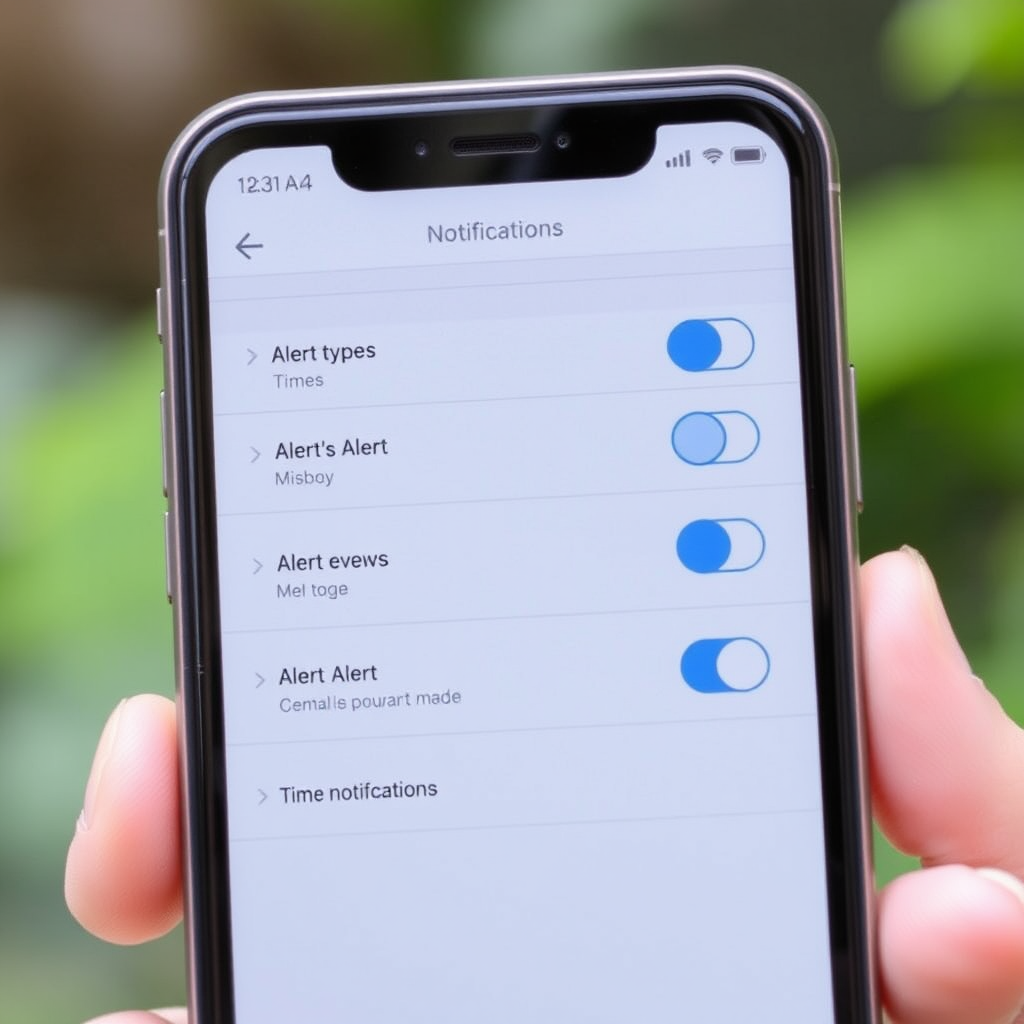 Smartphone displaying notification settings interface with toggle switches for different alert types and customizable timing options