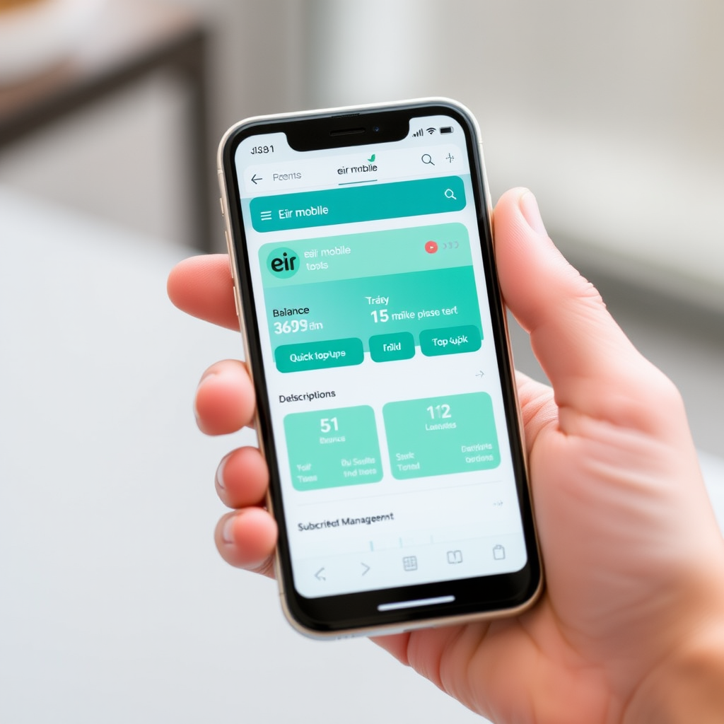 Modern smartphone displaying clean dashboard interface with Irish service providers including eir mobile, showing balance information, quick top-up buttons, and subscription management tools in emerald green and teal color scheme