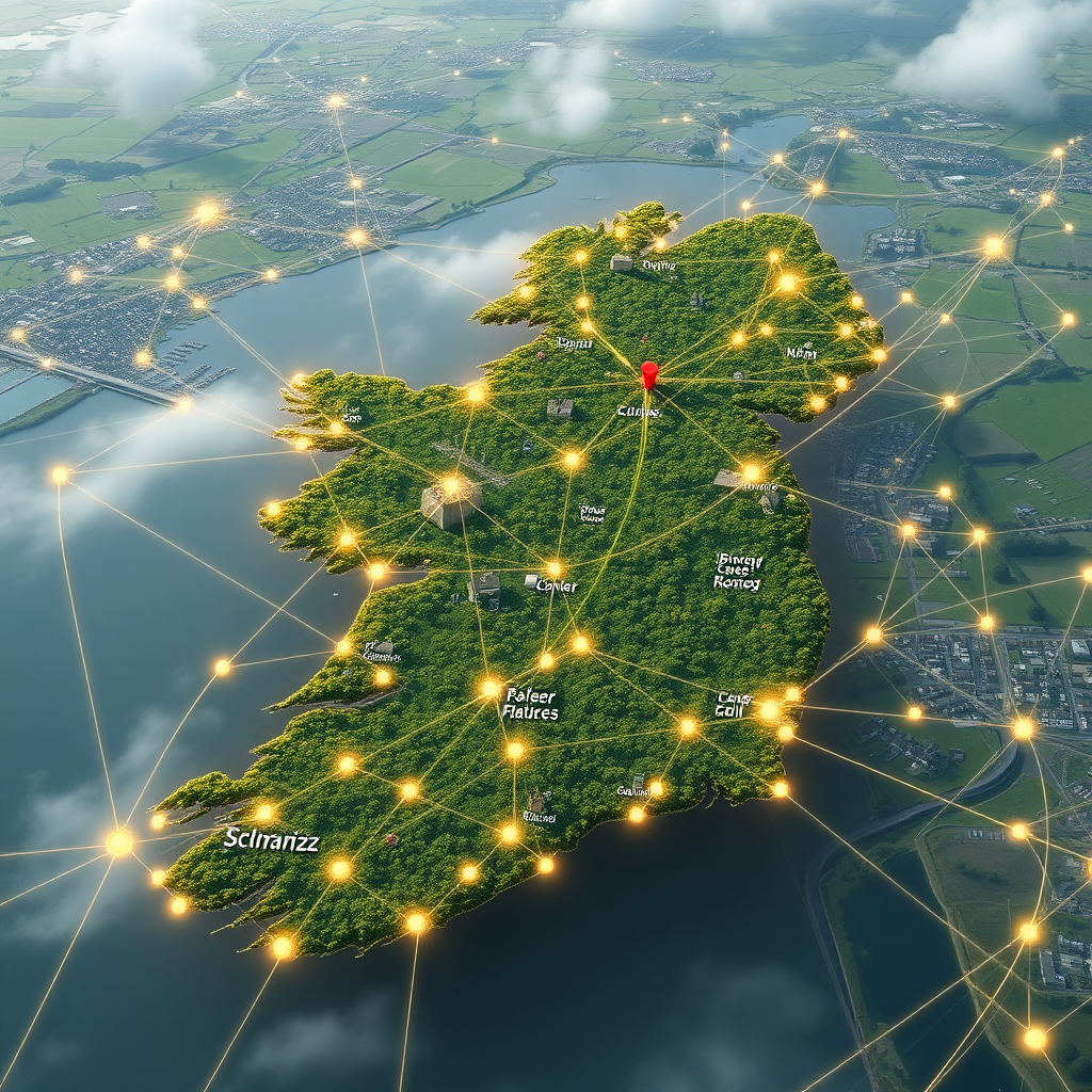 Futuristic visualization of Ireland's digital landscape showing connected cities and rural areas with fiber optic networks spanning across the country