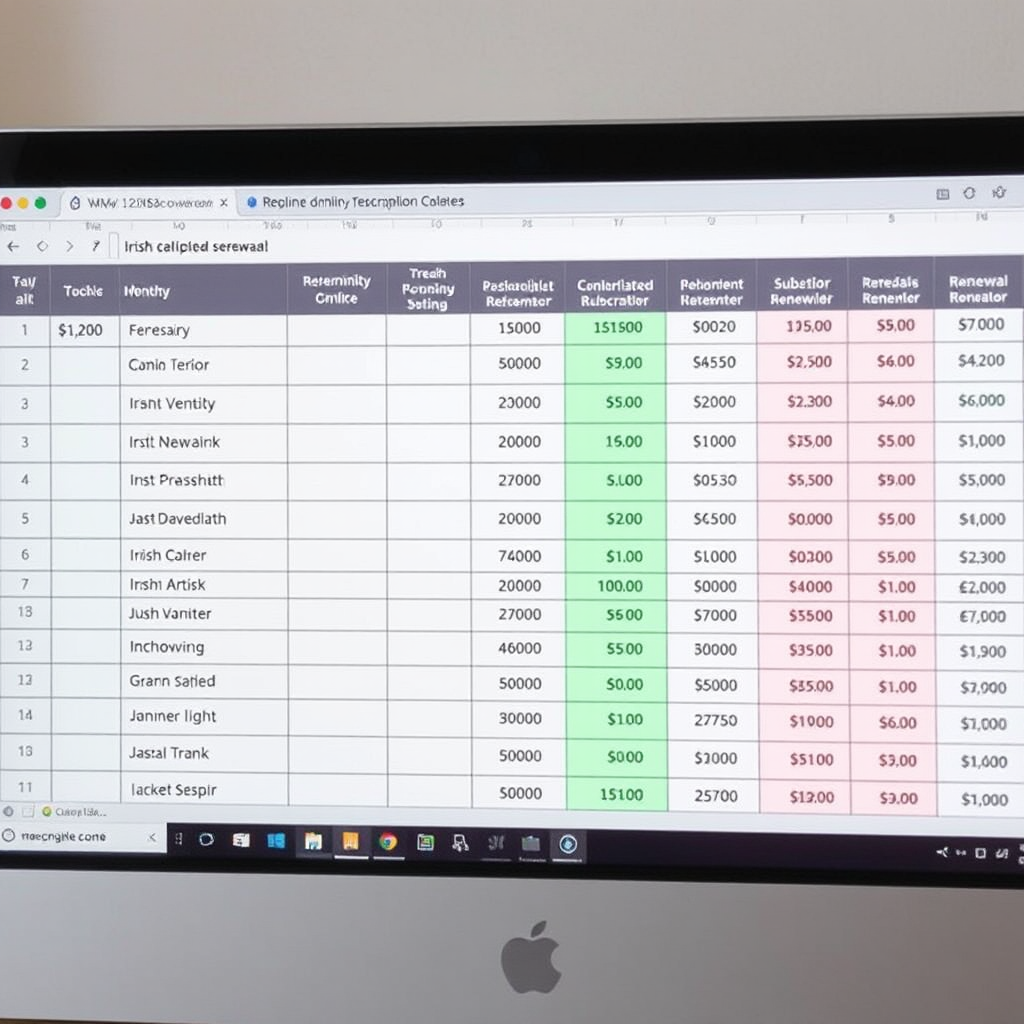 Computer screen showing a digital subscription tracking spreadsheet with various Irish online services, renewal dates, and monthly costs organized in columns