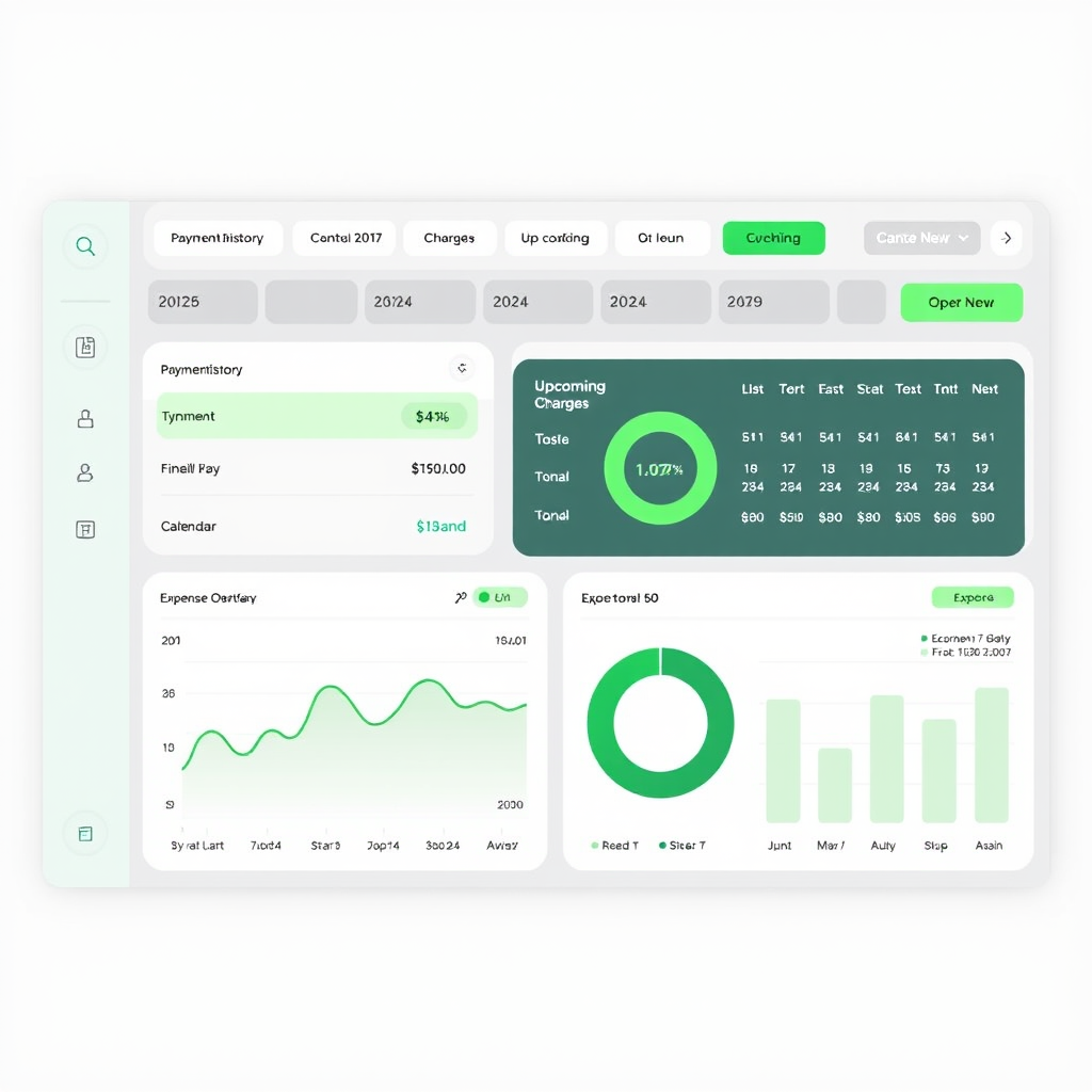 Financial tracking interface showing payment history timeline, upcoming charges calendar and expense overview charts with emerald green accents