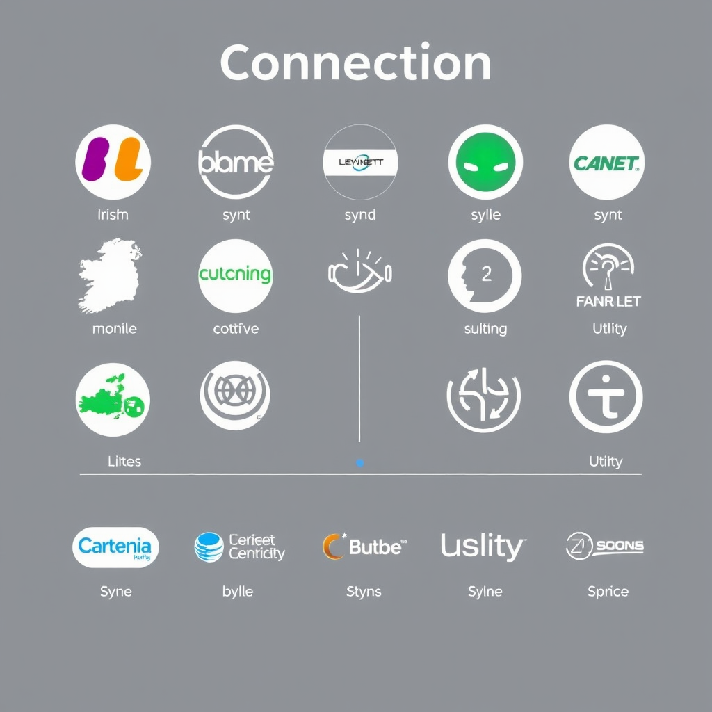 Connection interface showing Irish service provider logos including mobile networks and utility companies with sync status indicators and connection lines